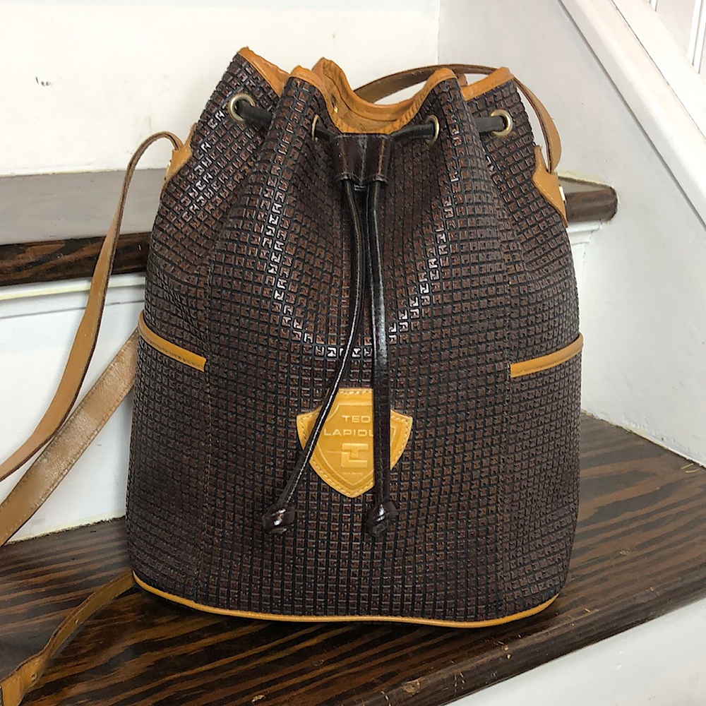 TED LAPIDUS Paris Leather Drawstring Bucket Crossbody Shoulder Bag